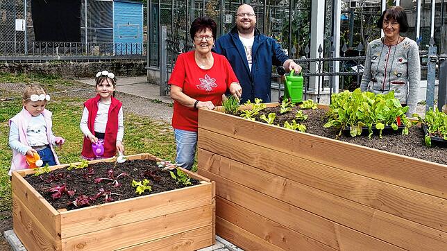 Gärtnern macht Spaß: Blick auf die Hochbeete der Familie Saub im Garten der Stoll-Vita-Stiftung in Waldshut, von links Victoria, ...