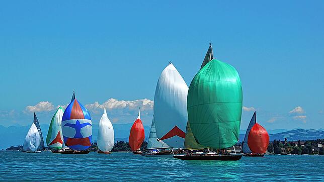Die Spinnaker blähen sich im Wind bei einem Regattalauf im Konstanzer Trichter anlässlich der Internationalen Bodenseewoche.