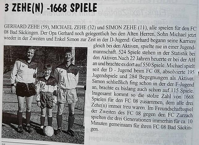 Drei Generationen: Großvater, Vater und Sohn Zehe auf einem Bild, zeigt diese Repro aus dem FC-Blättli von 1997.