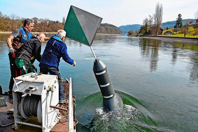 Mitarbeiter des Schifffahrtsamtes Konstanz setzten jüngst eine Testboje als Ersatz für die Wiffe 73 auf Höhe „Rhysägi“ in ...