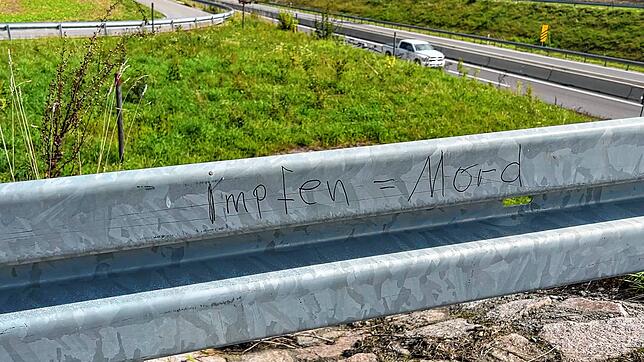 &bdquo;Impfen = Mord&ldquo; steht an mehreren Stellen in Allensbach geschrieben. So unter anderem auf einer Straße, an einer ...
