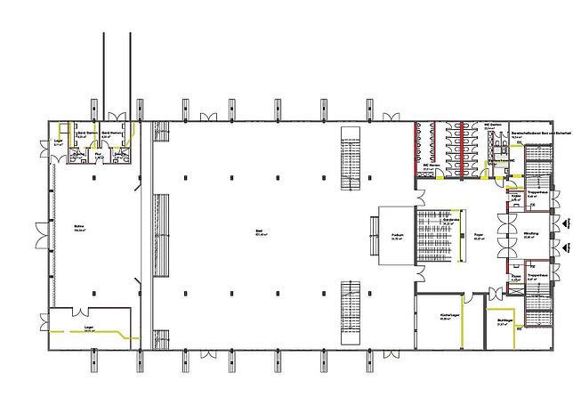 So sehen die Pläne für die sanierte Scheffelhalle aus, hier ein Grundriss des Erdgeschoss mit neuen Toiletten und abgetrenntem Treppenhaus.