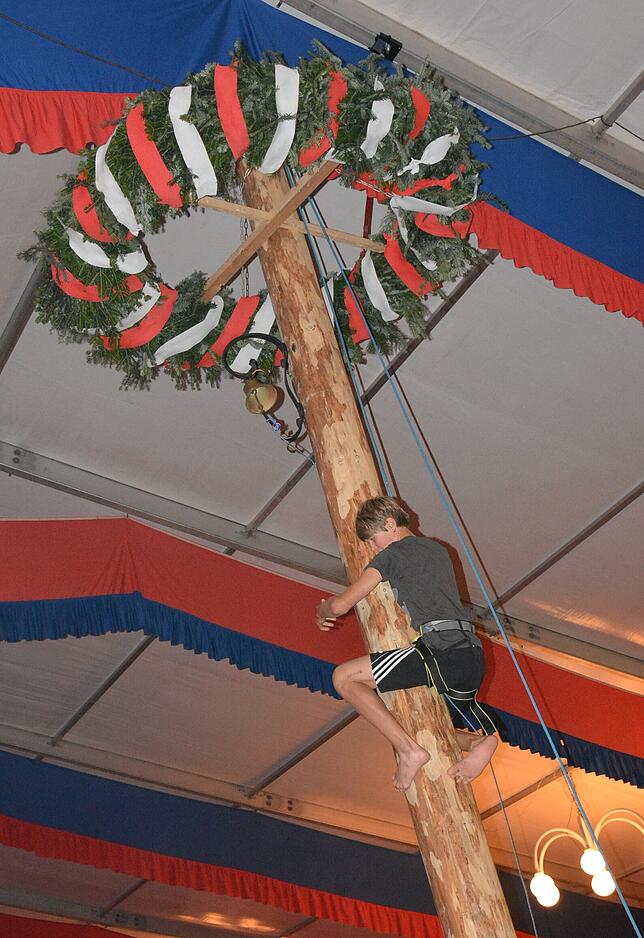 9: Der Kletterbaum im großen Festzelt ist eine der Attraktionen beim Volksfestjubiläum. Gleich mehrfach läuteten die Bezwinger die ...