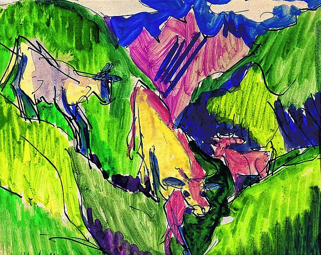 Ernst Ludwig Kirchner: Kühe im Gebirge, um 1919/22, Aquarell, Tusche auf Papier.