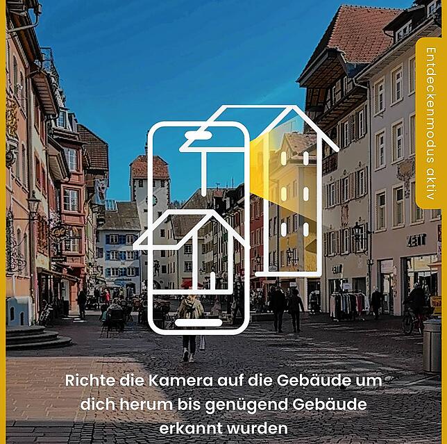 Screenshot aus der Zeig-Mal-App: Mit der Augmented Reality (virtuellen Erweiterung der Realität) können Gebäude eingescannt werden, um ...