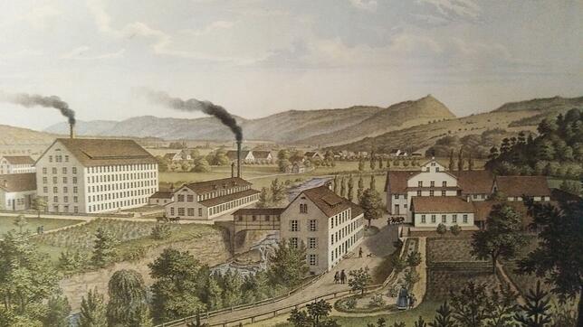 Die Lauffenmühle im Jahr 1870 mit der fünfstöckigen Spinnerei, die 1876 abbrannte. Original im Besitz von Herman Kipper, Waldshut. ...