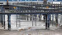 Kein Wasser in Sicht, die Leitern hängen im Trockenen: Am Hafen in Horn macht sich das Niedrigwasser derzeit deutlich bemerkbar.