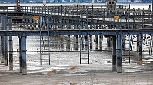 Kein Wasser in Sicht, die Leitern hängen im Trockenen: Am Hafen in Horn macht sich das Niedrigwasser derzeit deutlich bemerkbar.