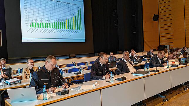 Präsentation im Gemeinderat: Die örtliche Polizei mit den beiden Revierleitern Daniel Heuseck (vorne links) und Benjamin Kimmich (rechts ...