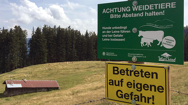 Vorsicht Kühe: Ein Schild auf dem Blomberg in Bayern warnt vor dem Betreten einer Kuhweide.