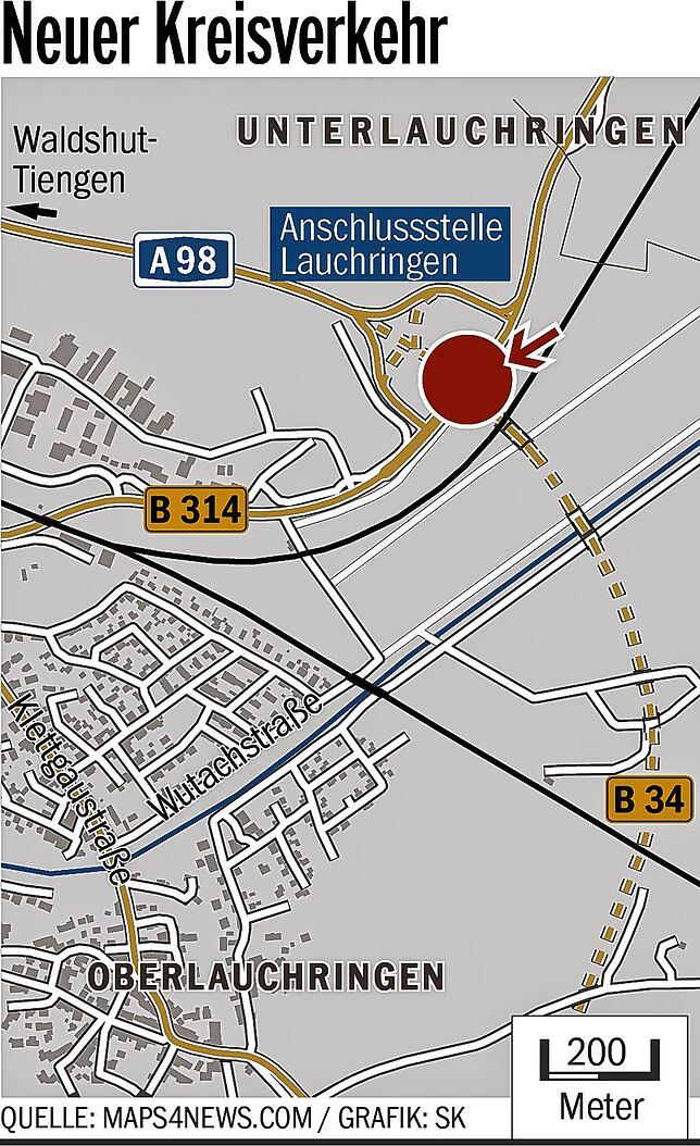 Bild 1: Bei der Abfahrt A98 zur B314 entsteht ein neuer Kreisverkehr: Künftig keine Rückstaus und mehr Sicherheit