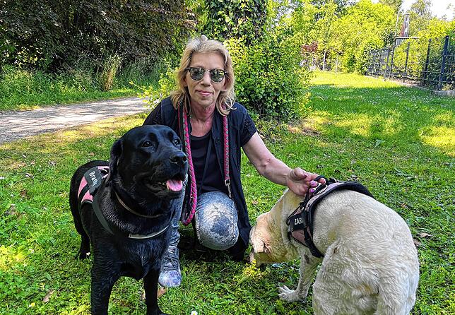 Brigitte Mairhofer mit ihrer Labrador-Hündin Brandy (schwarz) und Pflegehündin Zara. Wenn die Vierbeiner in Scherben treten, können sie ...