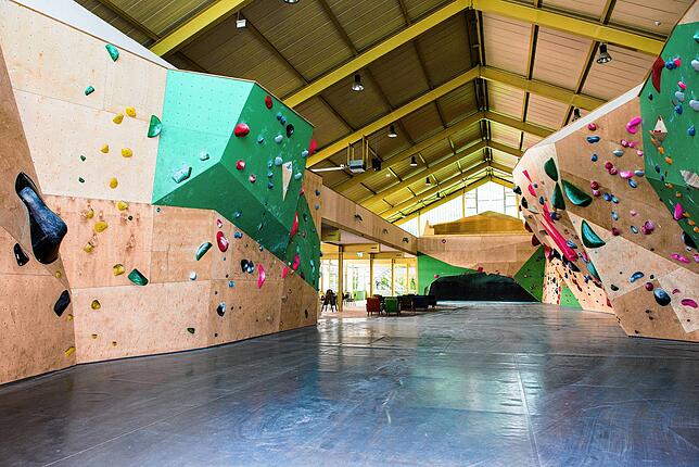 Die Boulderhalle „Greifbar“ hat etwa 1000 Quadratmeter Kletterwand zu bieten.