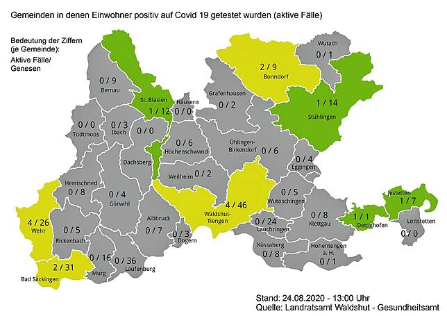 Zahl der Sars-CoV-2-Infektionen und Genesenen in den Städten und Gemeinden im Landkreis Waldshut am 24. August 2020.
