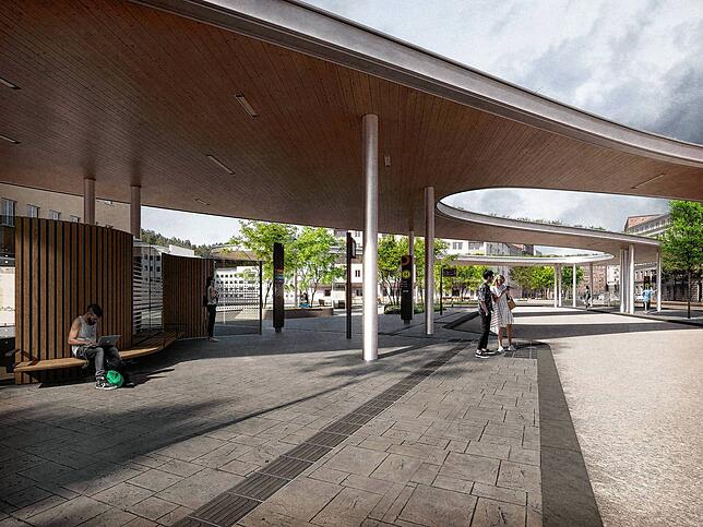 So soll der neue Busbahnhof in Tuttlingen nach Fertigstellung im nächsten Jahr aussehen. Das geschwungene Dach wird in Schwenningen von ...