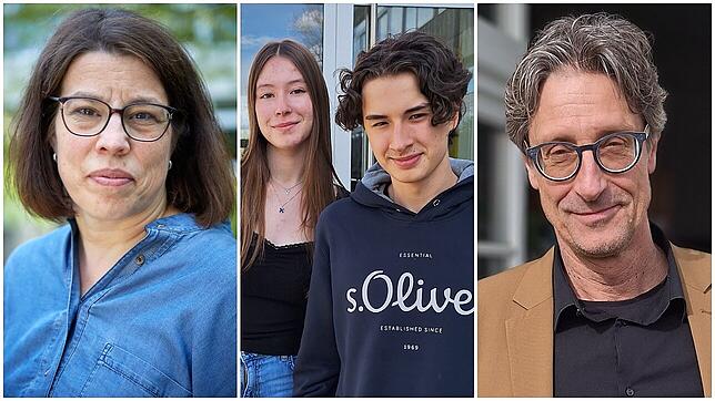 Schulleiter und Schüler gehen in den Austausch über Handyregeln. Von links: Sabine Beck, Schulleiterin des Friedrich-Wöhler-Gymnasiums ...