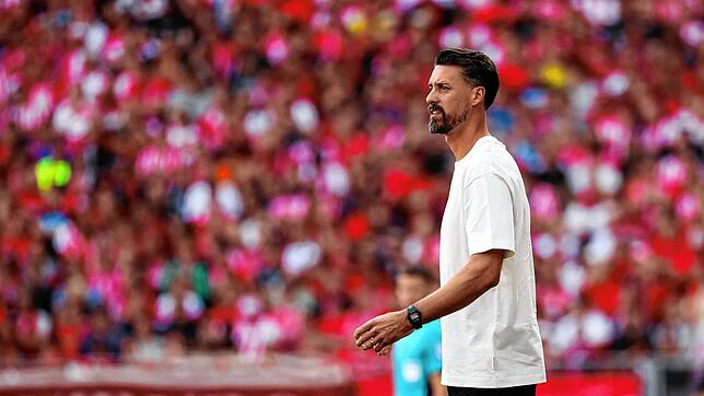 Trainer Sandro Wagner (FC Augsburg) gestikuliert am Spielfeldrand. Er gewinnt sein Debüt als Coach in der Bundesliga.