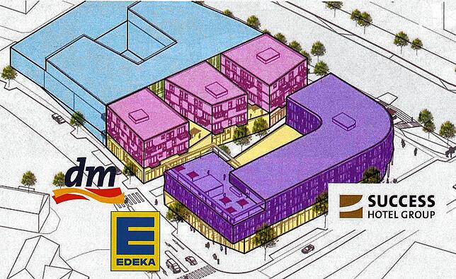 Hier ist die Gesamtplanung für das alte Tonhallenareal in Villingen schematisch dargestellt. Links in Blau markiert der Bereich für den ...