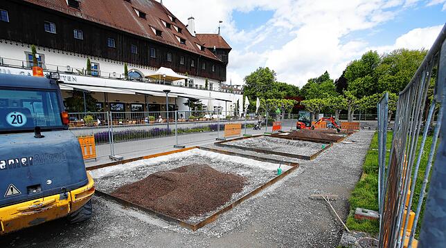 Im ersten Bauabschnitt werden die Staudenbeete zwischen Wiese und Konzilgebäude (Foto) angelegt, später folgt die Einbettung der Brunnen ...
