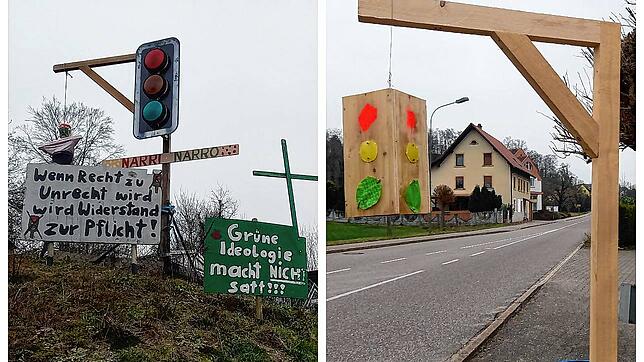 Zwei Galgen stehen im Laufenburger Stadtteil Rhina an der L151. Die Verwendung des Hinrichtungsinstruments als Zeichen des politischen ...
