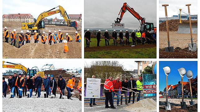 Unsere Kollage zeigt Bilder von zurückliegenden Spatenstichen in der Region.