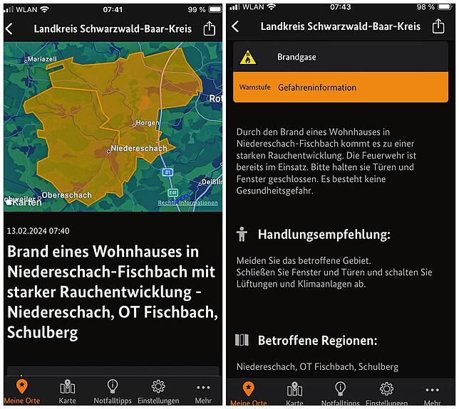 Alarm auf dem Handy: In der App Nina warnen die Behörden die Bevölkerung am Dienstagmorgen vor giftigen Brandgasen.
