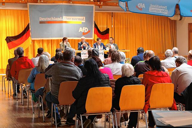 Rund 50 Besucher sitzen im Publikum, darunter AfD-Mitglieder. Auf dem Podium: Stef Manzini, Emil Sänze, Dennis Klecker und Bernhard ...