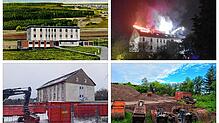 Die Geschichte der Villinger Jugendherberge: Nach dem Bau 1964 noch mit Flachdach und allein auf weiter Flur, der Brand im August 2023, ...