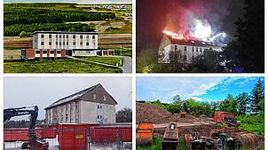 Die Geschichte der Villinger Jugendherberge: Nach dem Bau 1964 noch mit Flachdach und allein auf weiter Flur, der Brand im August 2023, ...