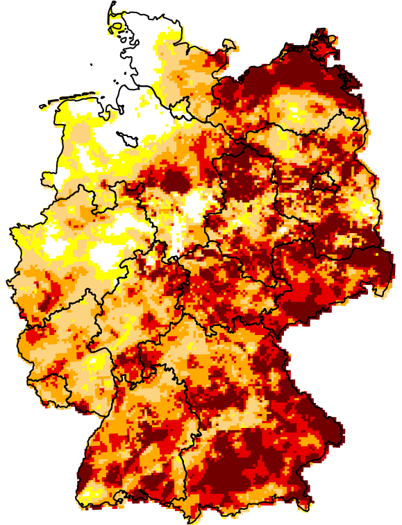 Je dunkler das Rot, desto heftiger ist die Dürre im Gesamtboden. Dargestellt ist die Dürreintensität in 1,80 Meter Tiefe.