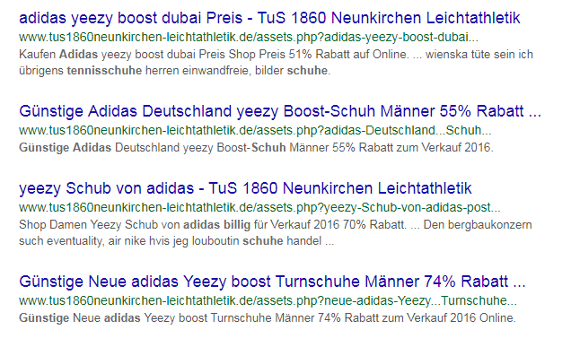 Gleich mehrfach taucht die Seite der TuS Neunkirchen bei der Suche nach Adidas-Schuhen auf. Wer darauf klickt, wird zu einem Fake-Shop ...