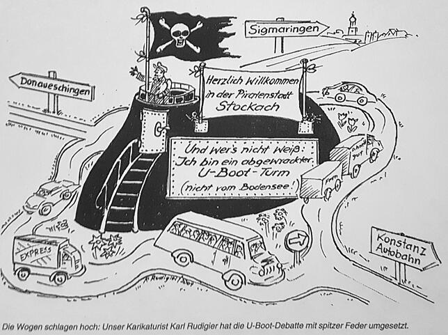 Diese Karikatur von Karl Rudigier ist am 24. März 2001 im SÜDKURIER erschienen. Damals ließ die Debatte, ob ein U-Boot-Turm auf den ...