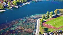 Rundflug über Konstanz mit der Reichenau, der B33, Mainau, Hörnle, Seestraße, Hafen, Seerhein und Wollmatinger Ried bei Niedrigwasser im ...