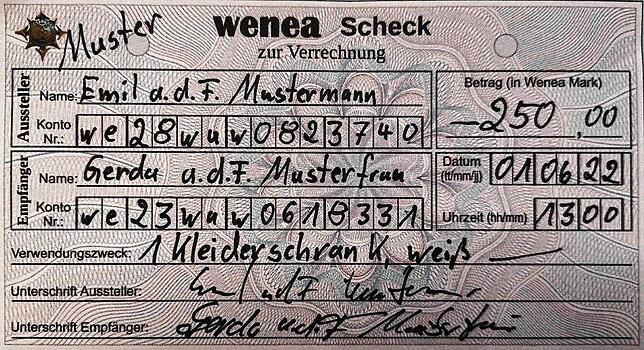 Auch eigene Schecks gibt &bdquo;Wenea&ldquo; aus.