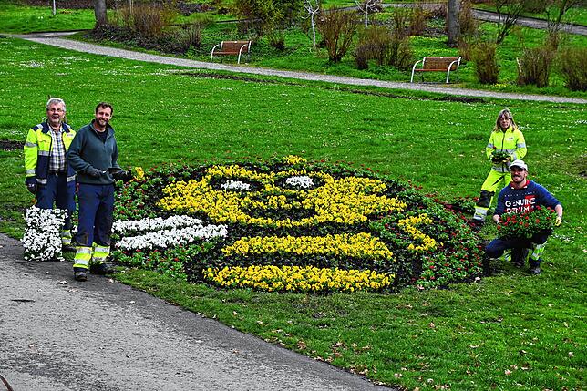 Biene Maja im Stadtgarten. Auf dem Foto stehen von links: Walter Kraft, Jan Schmid, Sabine Kibella und Felix Steinmann.