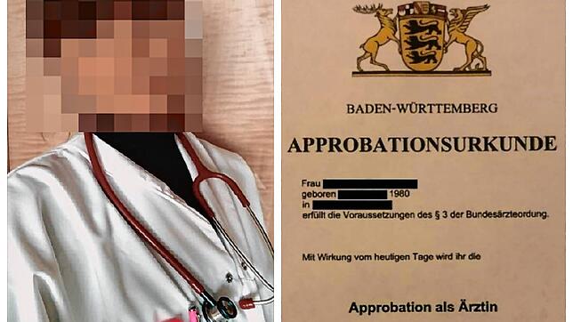 Die falsche Ärztin Daria Z. (Name geändert) posiert auch in ihrem Lebenslauf mit Stethoskop und Arztkittel. Daneben ihre gefälschte ...