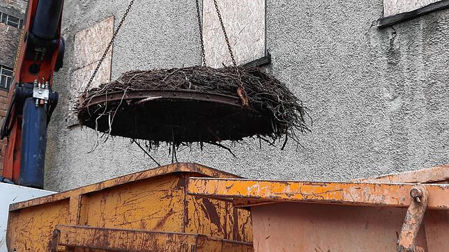 Einst die Basis des Nests, doch nun nur noch Abfall, der im Container landet. Das Metallrad war seit 20 Jahren oder länger auf dem Kamin.