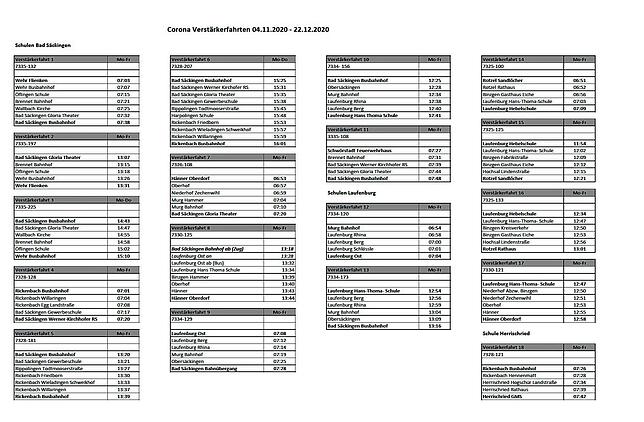 Teil 1: Auszug aus dem Busfahrplan. So fahren die zusätzlichen Verstärkerbusse im Schülerverkehr.