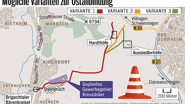 Die Grafik zeigt drei Varianten, wie Brigachtal künftig an die Kreisstraße angebunden werden könnte. Dabei handelt es sich um Entwürfe.