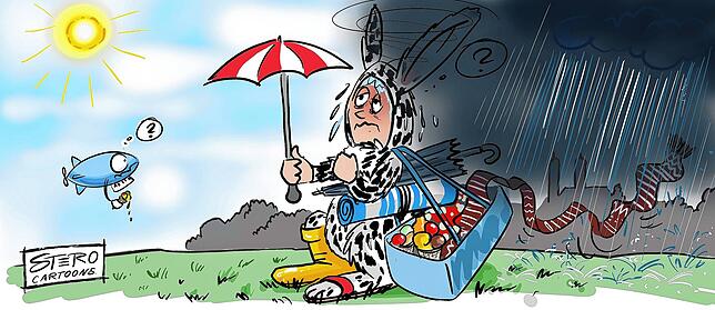 Sonnenschirm und Badelatschen oder Regenschirm und Gummistiefel? Der Seehas hat‘s nicht leicht.