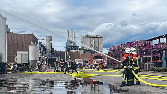 Zwei Feuerwehrleute der Werksfeuerwehr von Maggi löschen bei der Jahreshauptübung einen simulierten Brand in einer Halle. Für den ...
