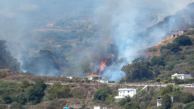 19.08.2019, Spanien, Gran Canaria: Die Flammen eines Waldbrandes erreichen Wohngebiete.