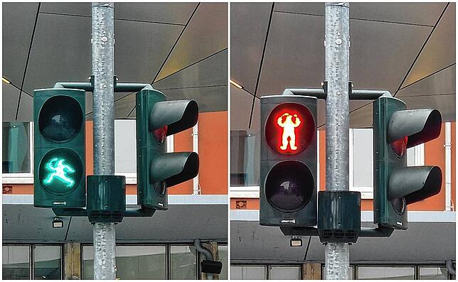 In Singen weist der Poppele Fußgänger dazu an, zu stehen oder zu gehen.