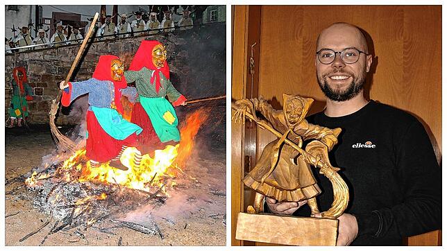 Die Urhexen springen mit viel Mut über das lodernde Feuer beim Kelnhofmuseum, Tobias Eichkorn aus Bräunlingen wartet seit fast zwei ...