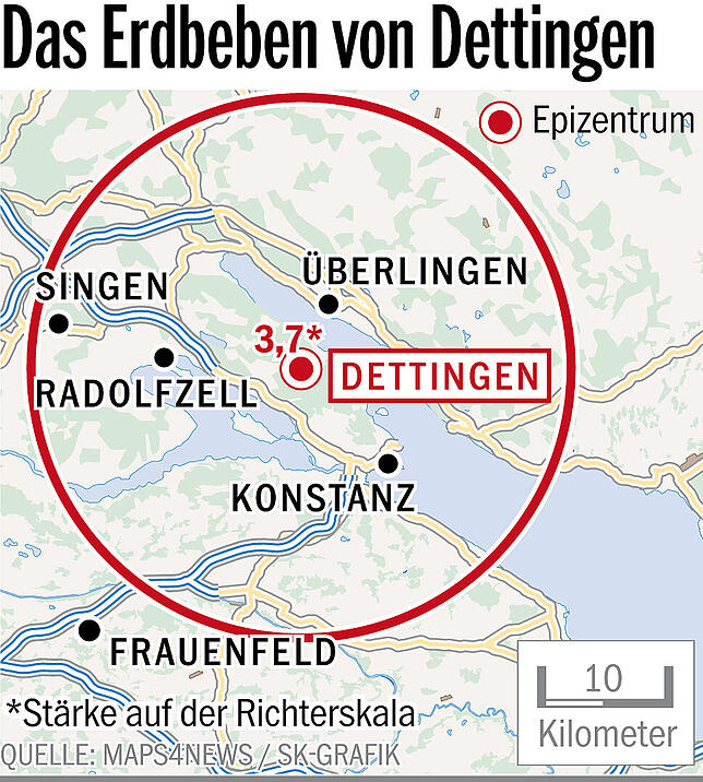 Das Erdbeben von Dettingen in der Nacht auf Dienstag: Im Konstanzer Vorort lag das Epizentrum, im Umkreis von rund 20 Kilometer war es ...