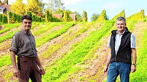 Rebmeister Hubert Gutemann (links) und Tobias Keck, Geschäftsführer des Winzervereins Hagnau, stehen auf der Fläche, wo auf 18 Ar im ...