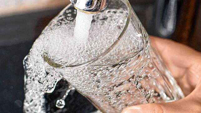 Am Wasserhahn in einer Küche wird ein Trinkglas mit Leitungswasser befüllt. (Symbolbild)