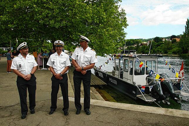 Thomas Biller, Manuel Wilkendorff und Markus Precht kamen zur Schiffstaufe nach Schaffhausen.