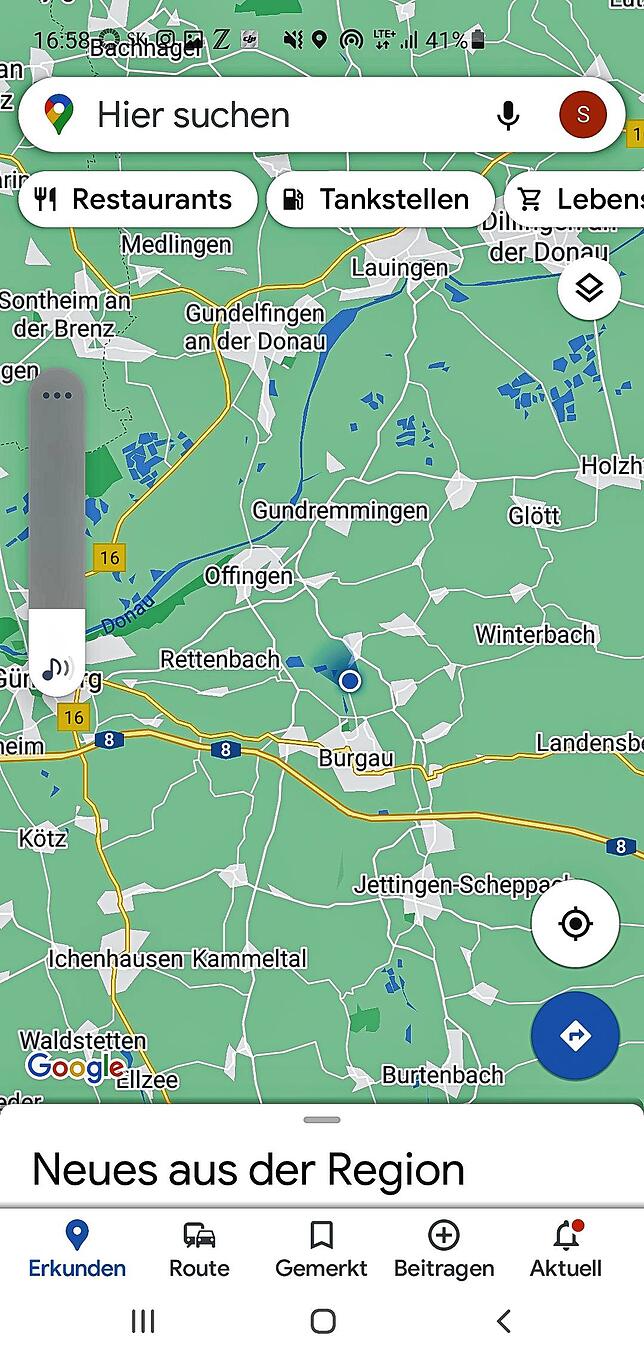 Der kleine blaue Punkt nördlich von Burgau zeigt den Fundort das Fallschirms an.