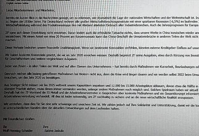 Ausschnitt aus der E-Mail an die Mitarbeiter von ZF.